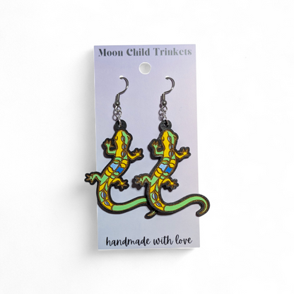 Neon Lizard Hand Painted Wood Earrings