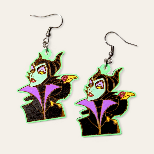 Maleficent Disney Villain Hand Painted Wood Dangle Earrings