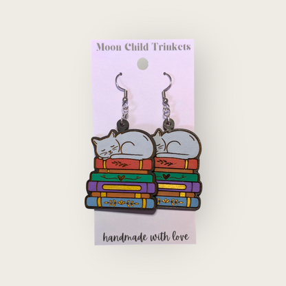 Cats and Books Hand Painted Wood Dangle Earrings