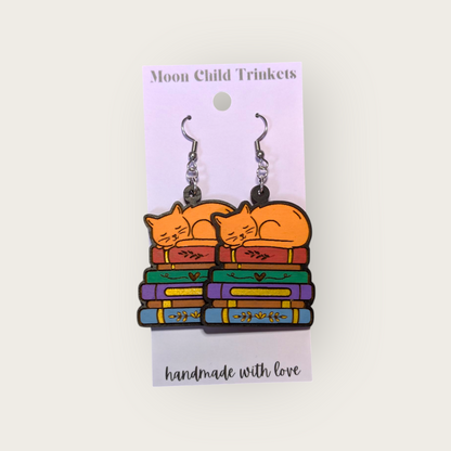 Cats and Books Hand Painted Wood Dangle Earrings