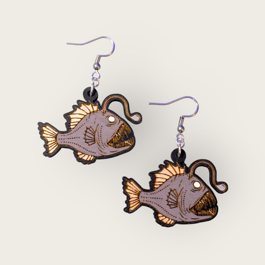 Anglerfish Hand Painted Wood Dangle Earrings