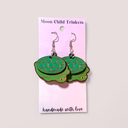 Turtle Sandbox Nostalgic Hand Painted Wood Dangle Earrings