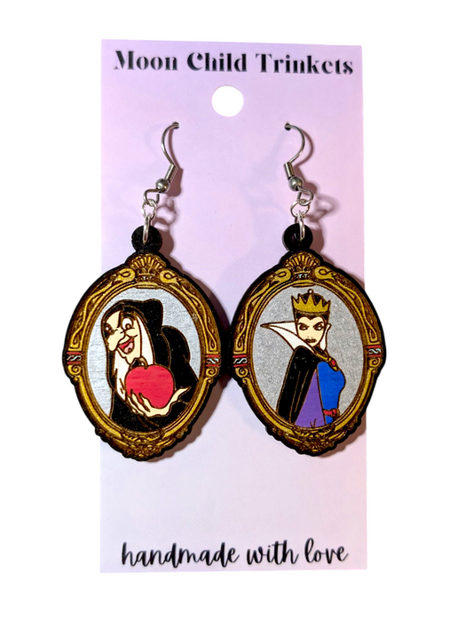Evil Queen Magic Mirror Hand Painted Wood Earrings