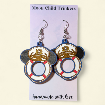 Cruise Captain Mouse Ear Hand Painted Wood Earrings