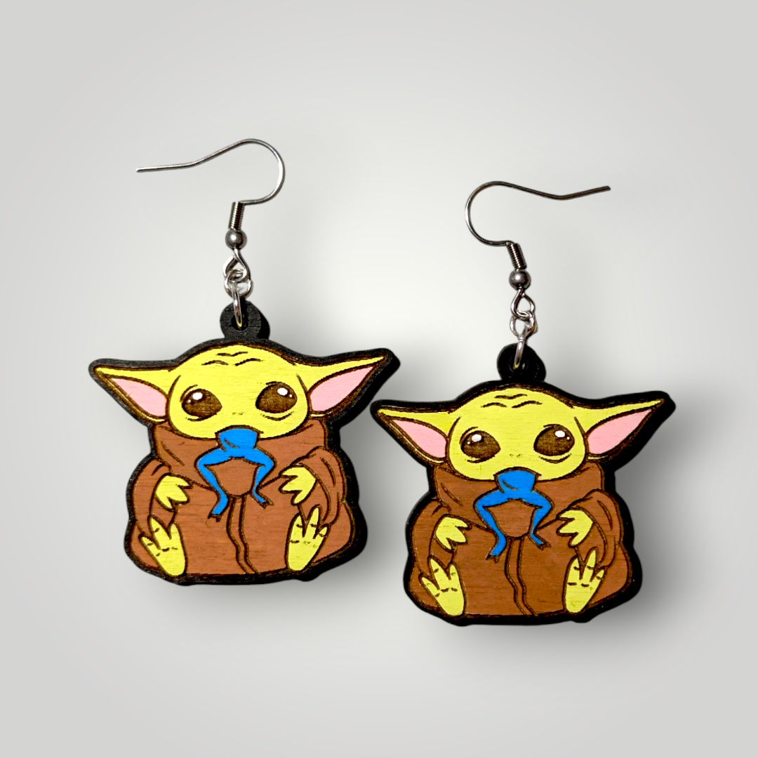 Baby Yoda Grogu Star Wars Hand Painted Wood Dangle Earrings
