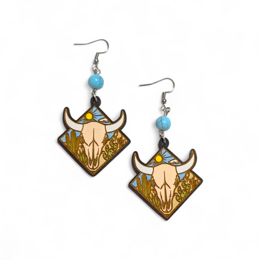 Western Cow Skull Hand Painted Wood Earrings