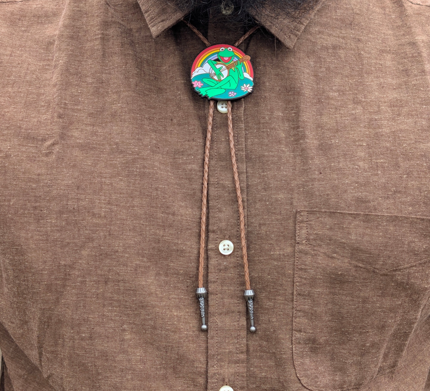 Kermit with Banjo Bolo Tie - Hand Painted Wood Bolo