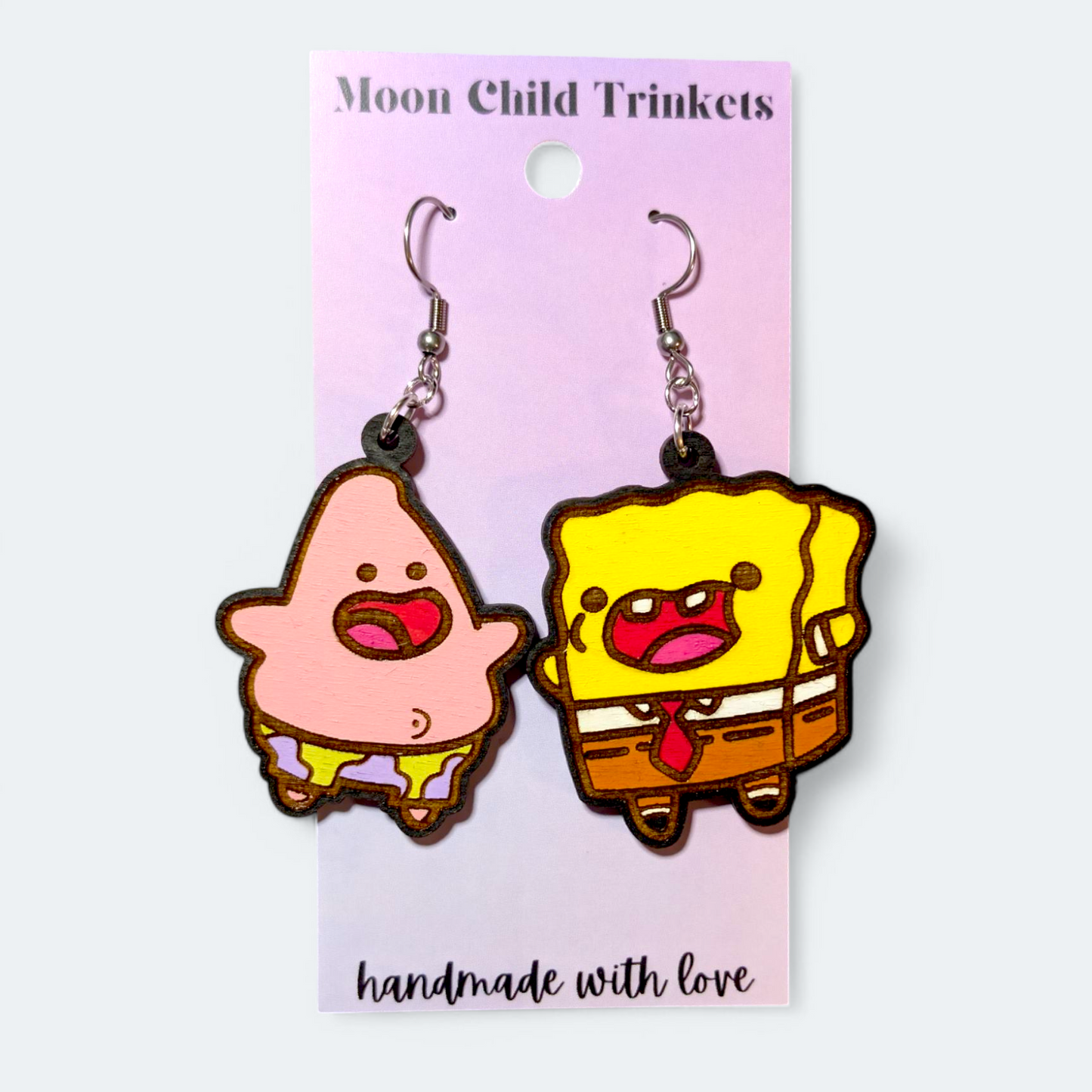 BFF SpongeBob and Patrick Hand Painted Wood Dangle Earrings