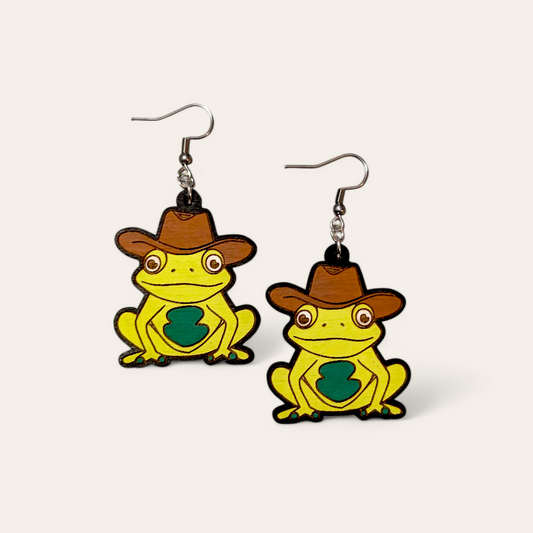 Cowboy Frog Hand Painted Wood Dangle Earrings