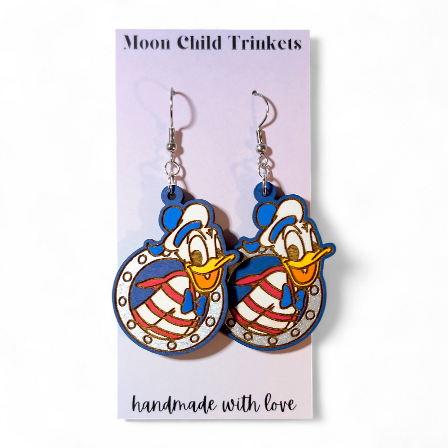 Donald Porthole Cruise Hand Painted Wood Earrings
