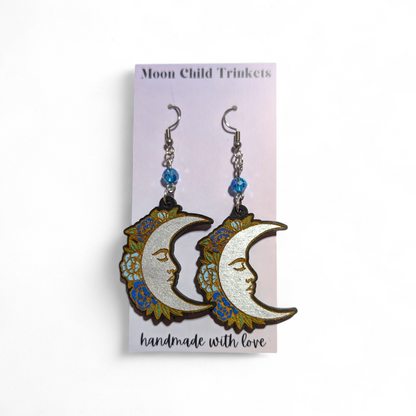 Boho Crescent Moon Hand Painted Wood Earrings