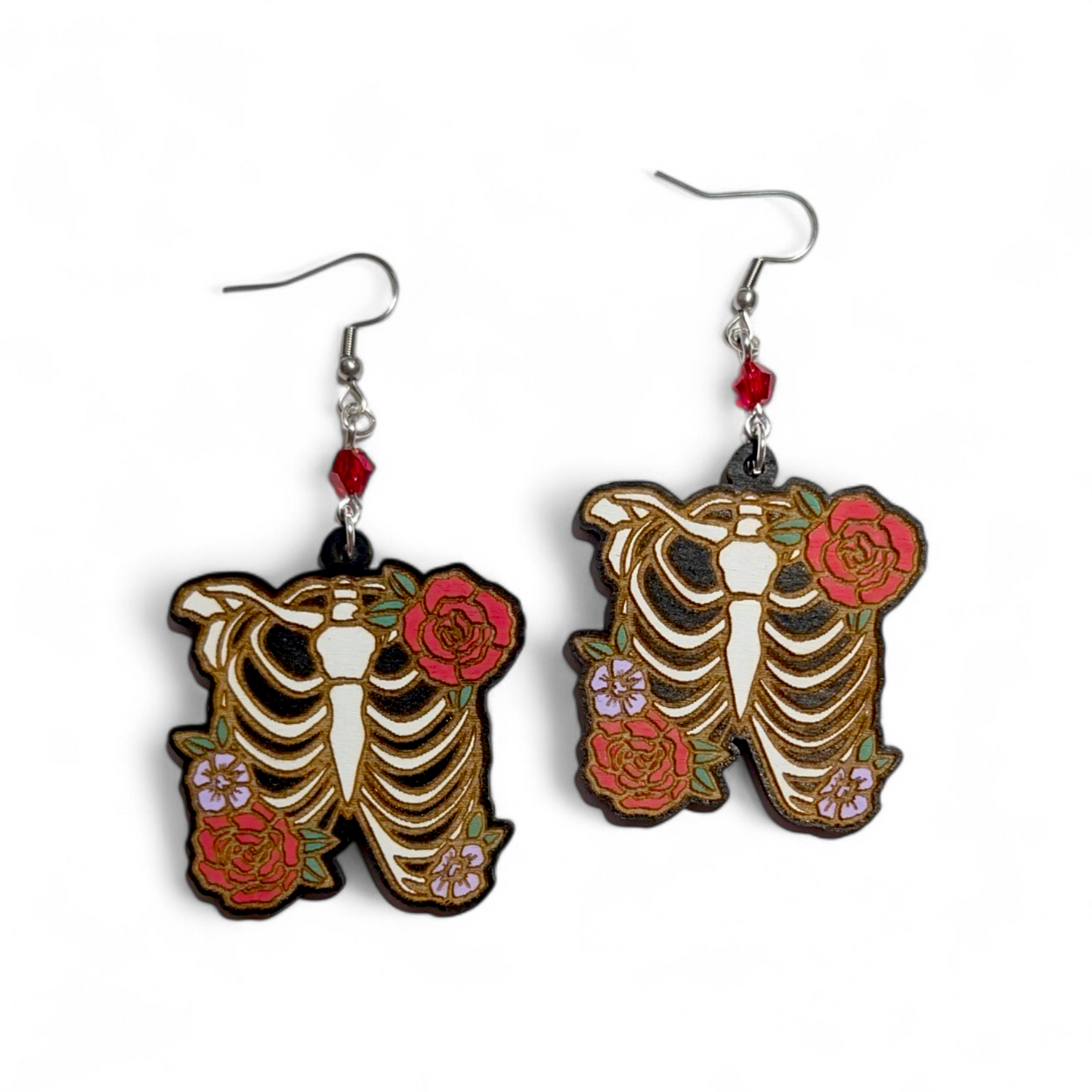 Floral Skeleton Rib Cage Hand Painted Wood Earrings