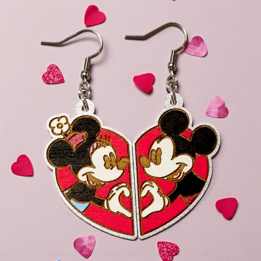 Heart Mickey and Minnie Mouse Hand Painted Wood Earrings