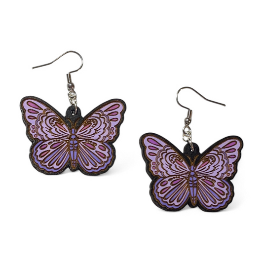 Purple Butterfly Hand Painted Wood Earrings