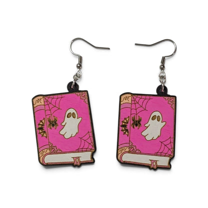 Ghost Haunted Book Hand Painted Wood Earrings
