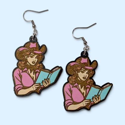 Cowgirl Reader Bookish Hand Painted Wood Earrings