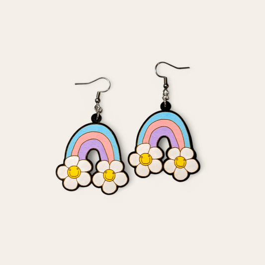 Pastel Happy Vibes Hand Painted Wood Dangle Earrings