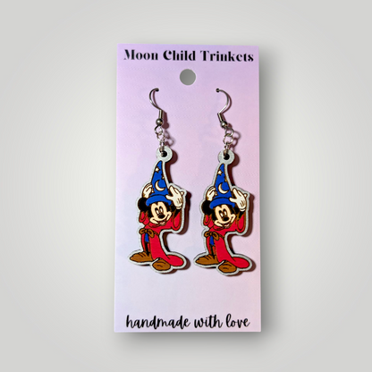 Sorcerer Mickey Fantasia Hand Painted Wood Earrings