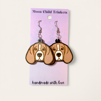 Beagle Dog Hand Painted Wood Dangle Earrings