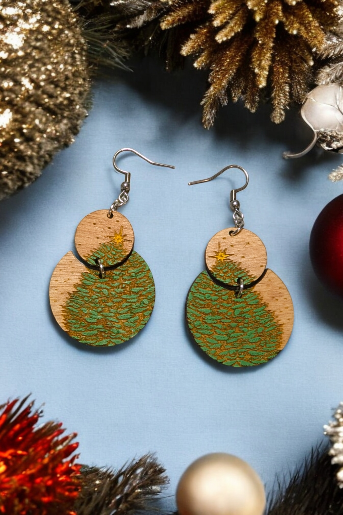 Rustic Christmas Tree Hand Painted Wood Dangle Earrings