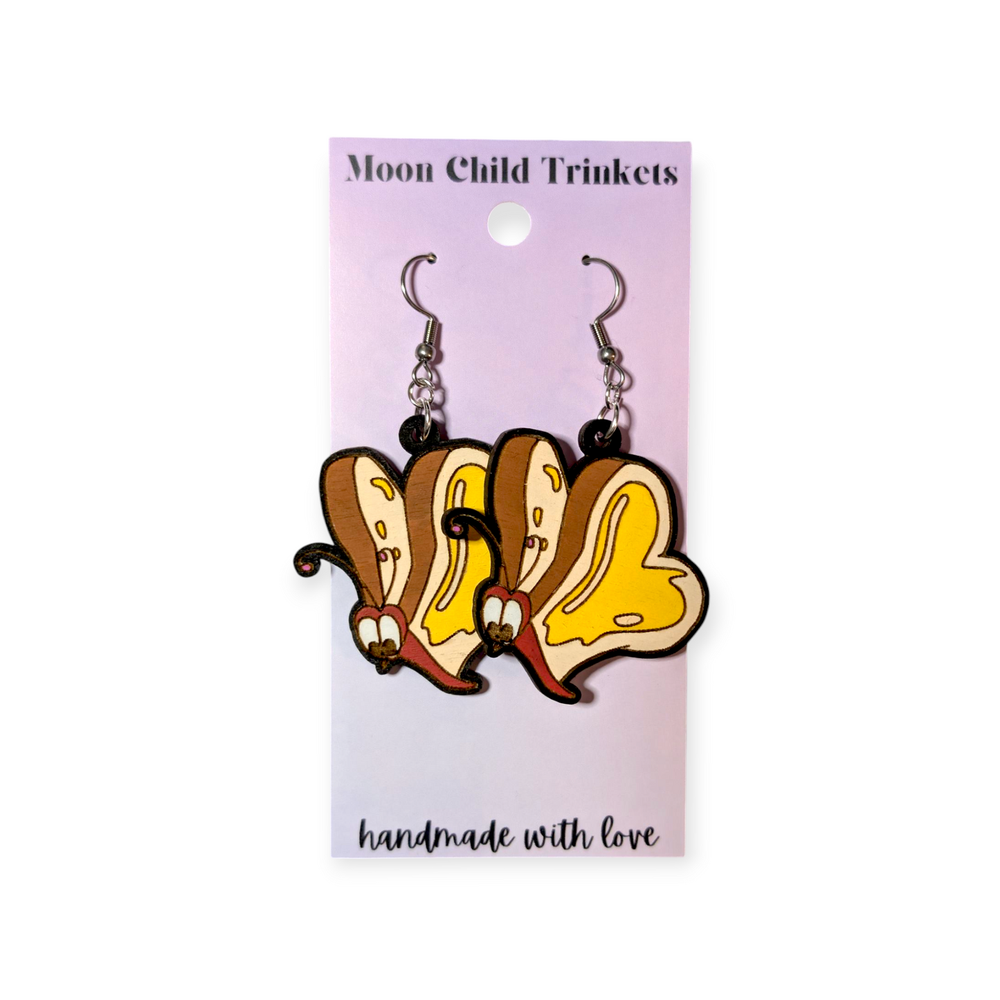 Bread and Butterfly Hand Painted Wood Dangle Earrings