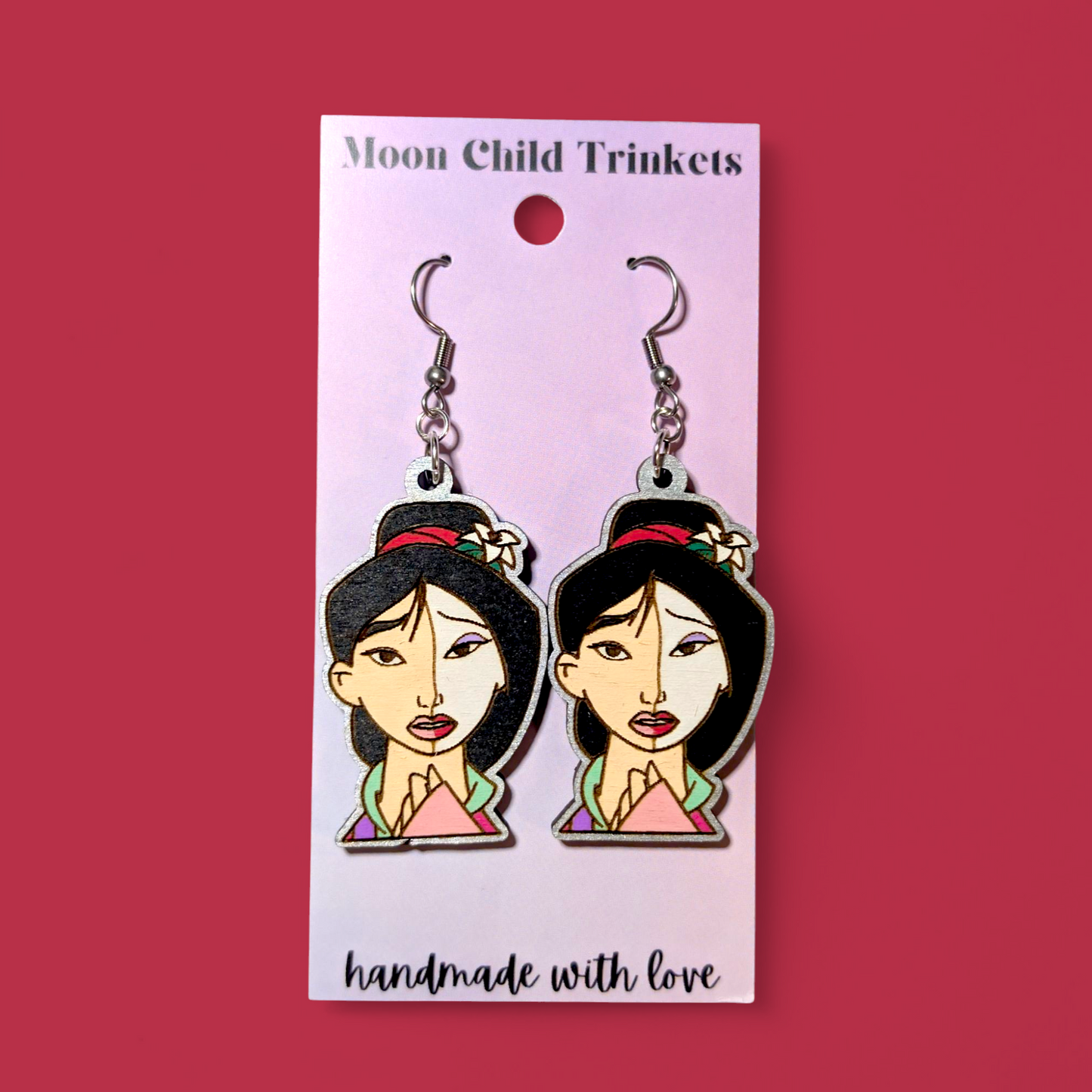 Mulan Reflection Hand Painted Wood Dangle Earrings