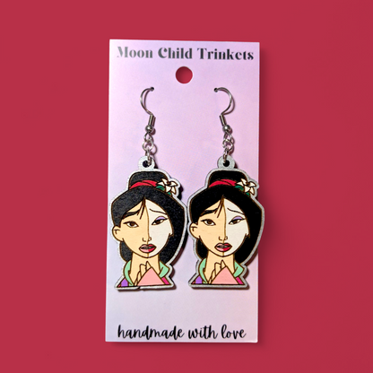 Mulan Reflection Hand Painted Wood Dangle Earrings