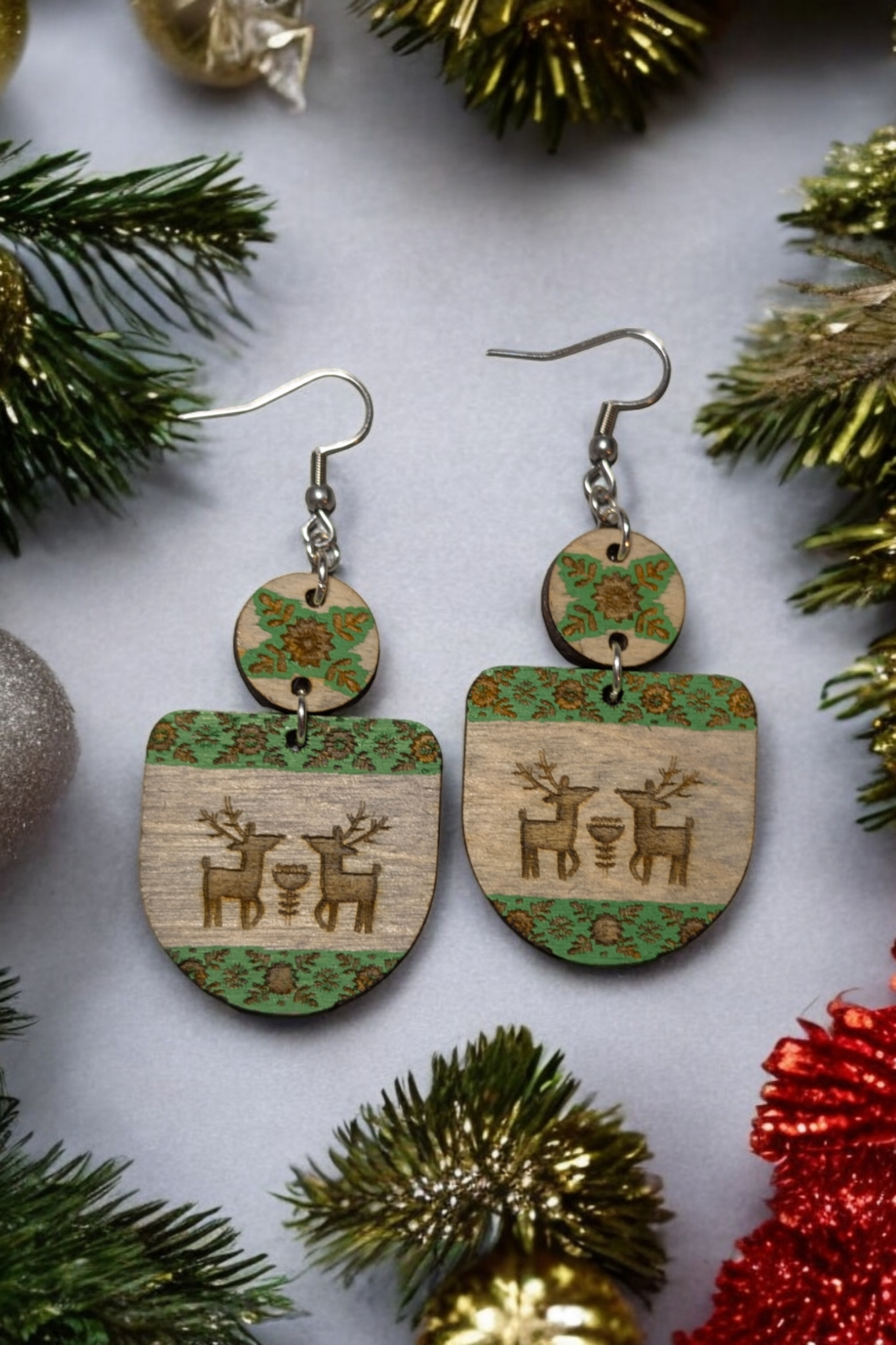Green Woodland Reindeer Holiday Hand Painted Wood Earrings