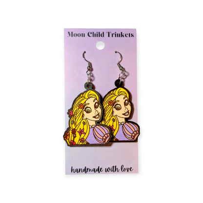 Tangled Rapunzel Hand Painted Wood Dangle Earrings