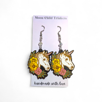 Unicorn Hand Painted Wood Earrings