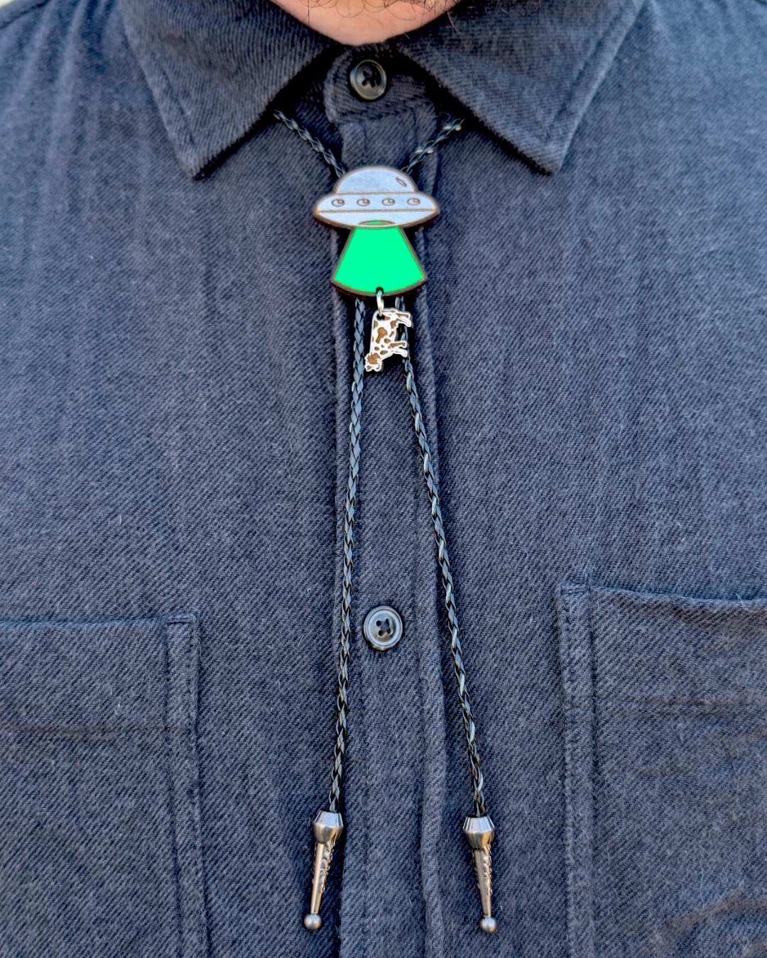 UFO Cow Abduction Bolo Tie - Hand Painted Wood Bolo