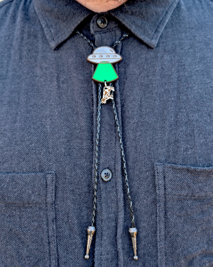 UFO Cow Abduction Bolo Tie - Hand Painted Wood Bolo
