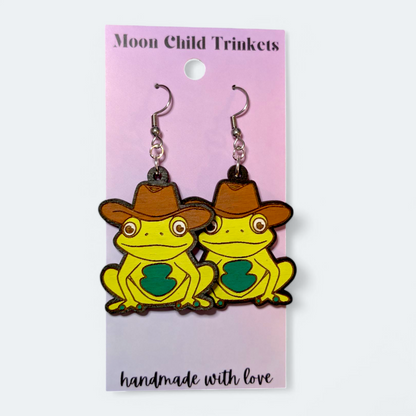 Cowboy Frog Hand Painted Wood Dangle Earrings
