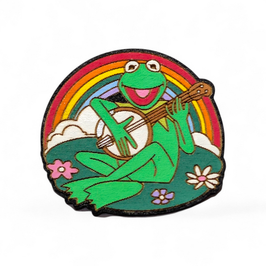 Kermit with Banjo Bar Back Brooch - Hand Painted Wood Pin