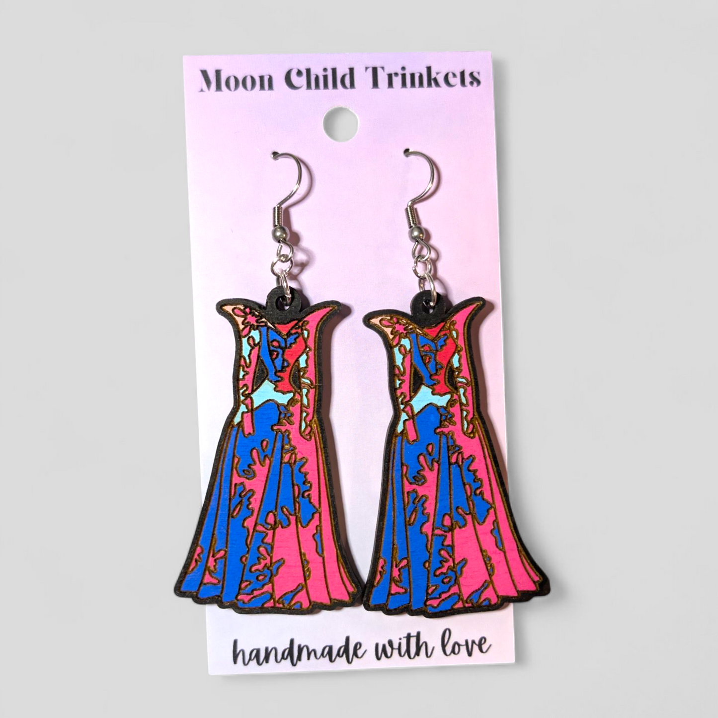 Make It Pink, Make It Blue - Aurora's Dress Hand Painted Wood Dangle Earrings