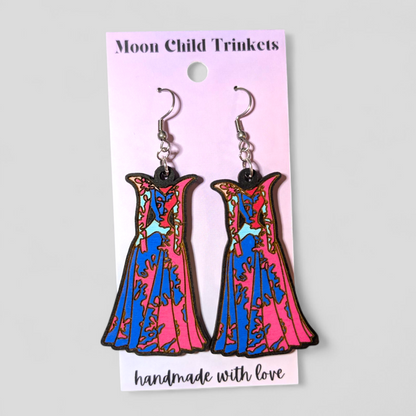 Make It Pink, Make It Blue - Aurora's Dress Hand Painted Wood Dangle Earrings