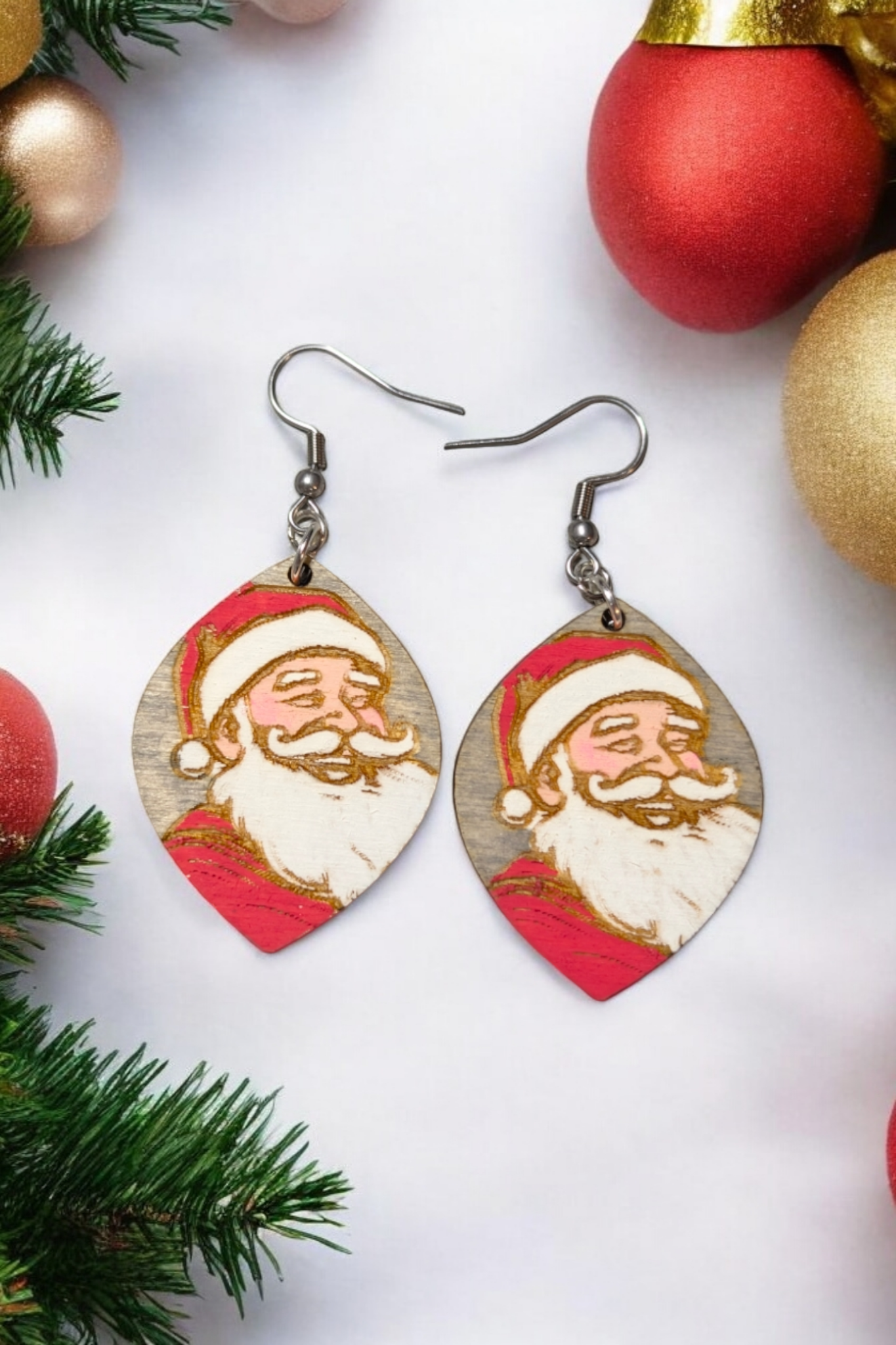 Retro Santa Claus Hand Painted Wood Dangle Earrings