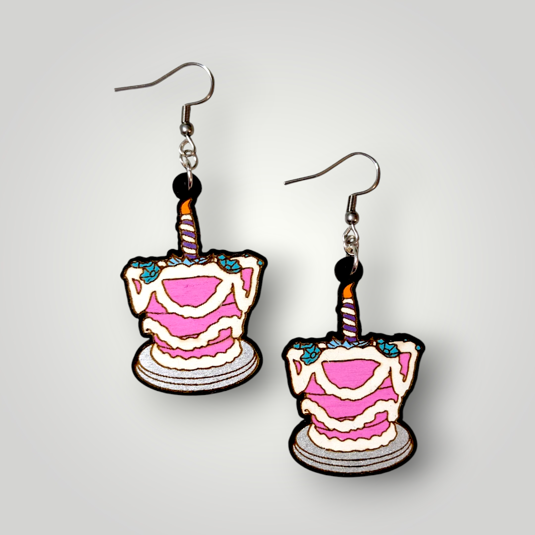 Unbirthday Cake Alice in Wonderland Hand Painted Wood Earrings