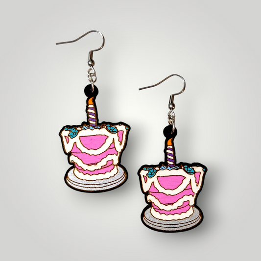 Unbirthday Cake Alice in Wonderland Hand Painted Wood Earrings