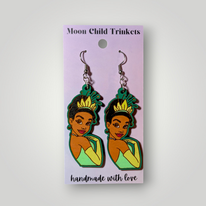 Princess Tiana Hand Painted Wood Dangle Earrings