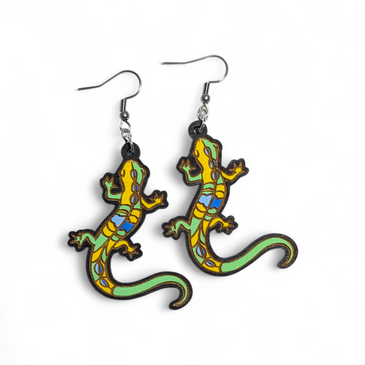 Neon Lizard Hand Painted Wood Earrings