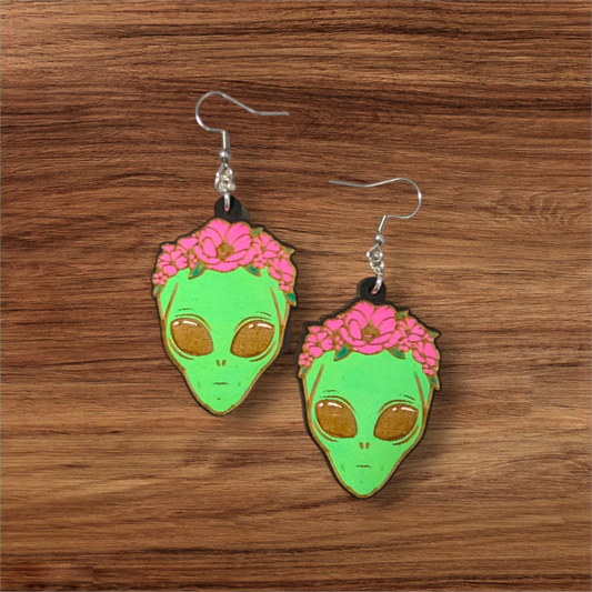 Boho Floral Alien Hand Painted Wood Dangle Earrings