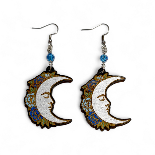 Boho Crescent Moon Hand Painted Wood Earrings