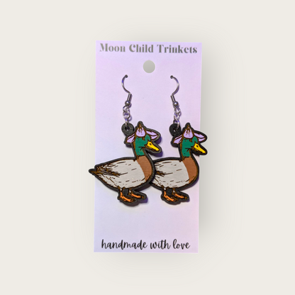 Duck with Flower Hat Hand Painted Wood Dangle Earrings