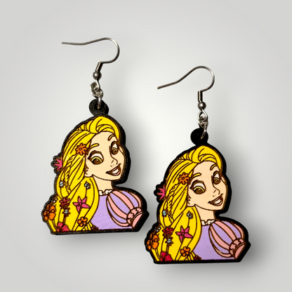 Tangled Rapunzel Hand Painted Wood Dangle Earrings