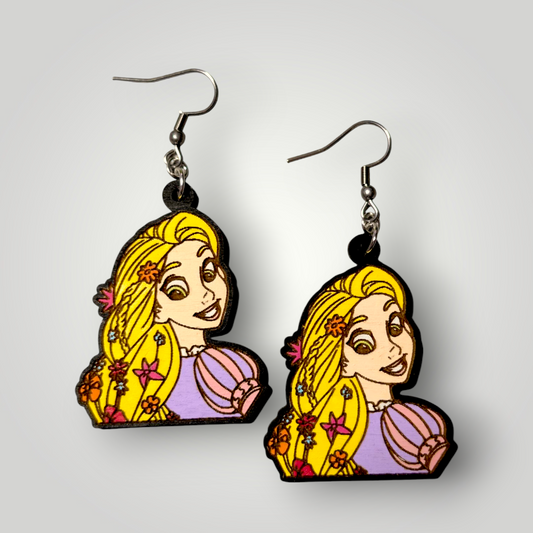 Tangled Rapunzel Hand Painted Wood Dangle Earrings