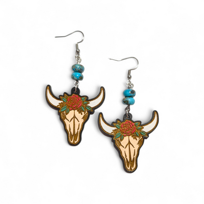 Boho Western Longhorn Hand Painted Wood Earrings