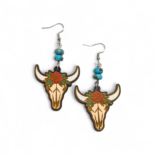 Boho Western Longhorn Hand Painted Wood Earrings
