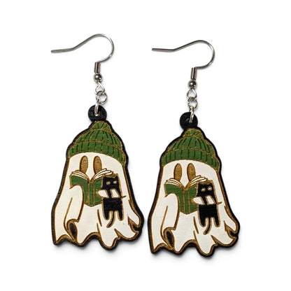 Ghost Reader with Cat Hand Painted Wood Earrings