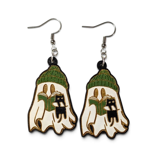 Ghost Reader with Cat Hand Painted Wood Earrings